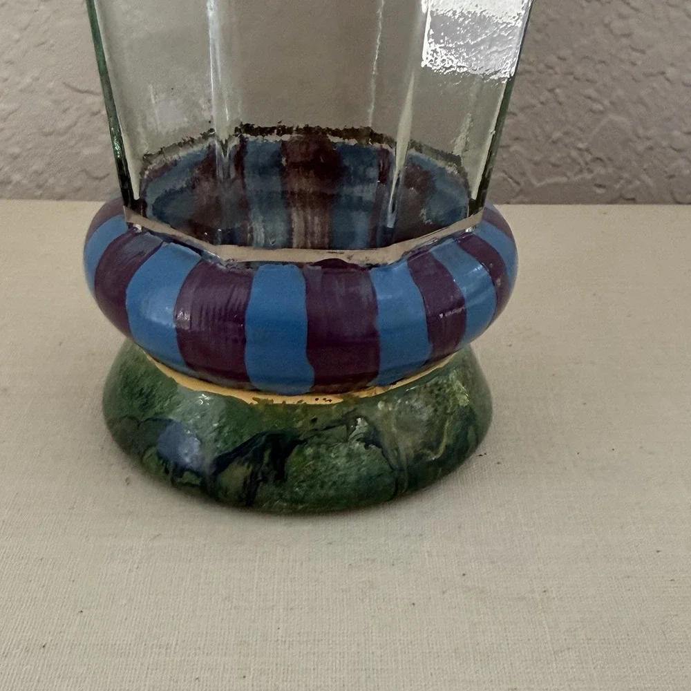 Vtg 80s 90s Mackenzie Childs Glass Cups Circus Purple Stripe Marble Octagon